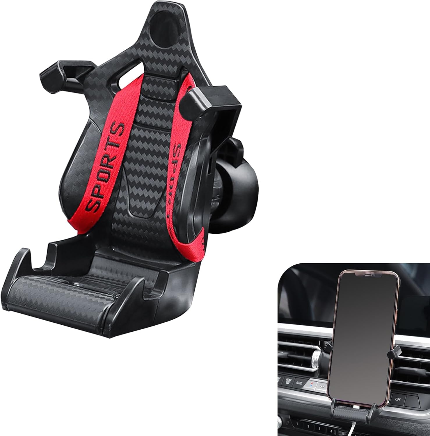 Car Air Vent Phone Mount, Carbon Fiber Racer Seat Style Cell Phone Holder, 360° Rotatable Secure Adaptive Tightening Car Mount, Universal for Most Car Air Vents (Red)