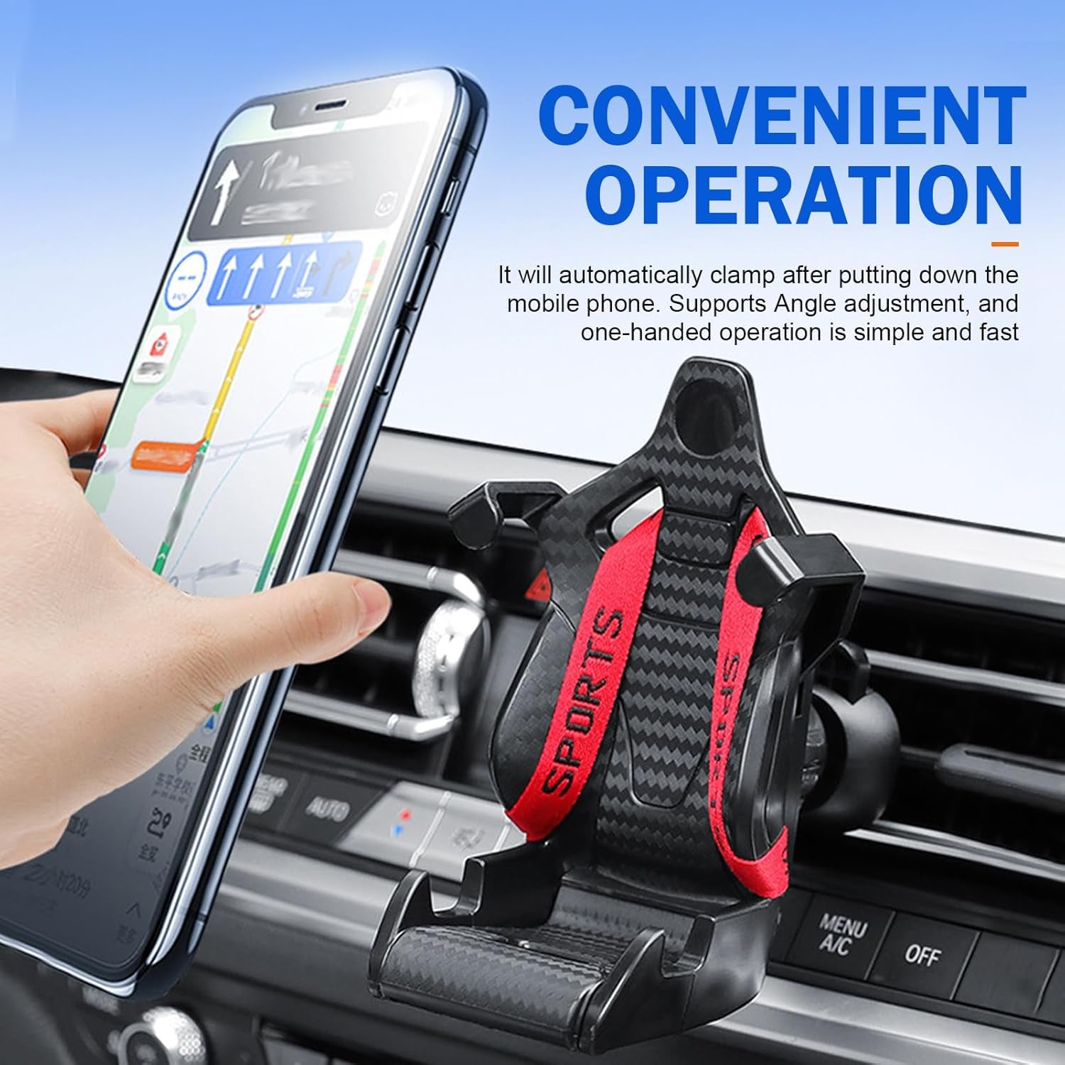 Car Air Vent Phone Mount, Carbon Fiber Racer Seat Style Cell Phone Holder, 360° Rotatable Secure Adaptive Tightening Car Mount, Universal for Most Car Air Vents (Red)